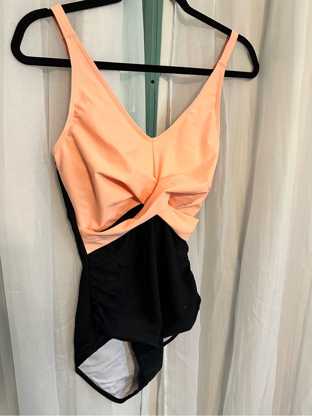 Peach and Black Twist-Front One-Piece Swimsuit with Tummy Control & Full Bottom